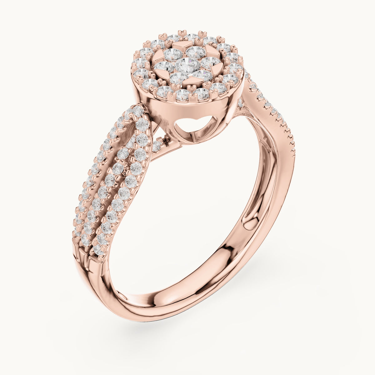 Round lab-grown diamond cluster halo split shank ring in rose gold, 0.597 CT TW, view 2