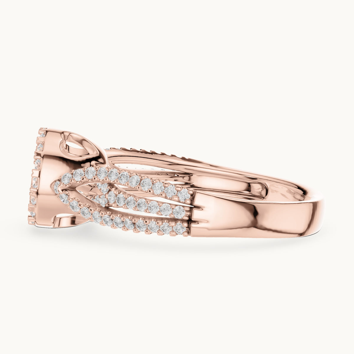 Round lab-grown diamond cluster halo split shank ring in rose gold, 0.597 CT TW, view 3