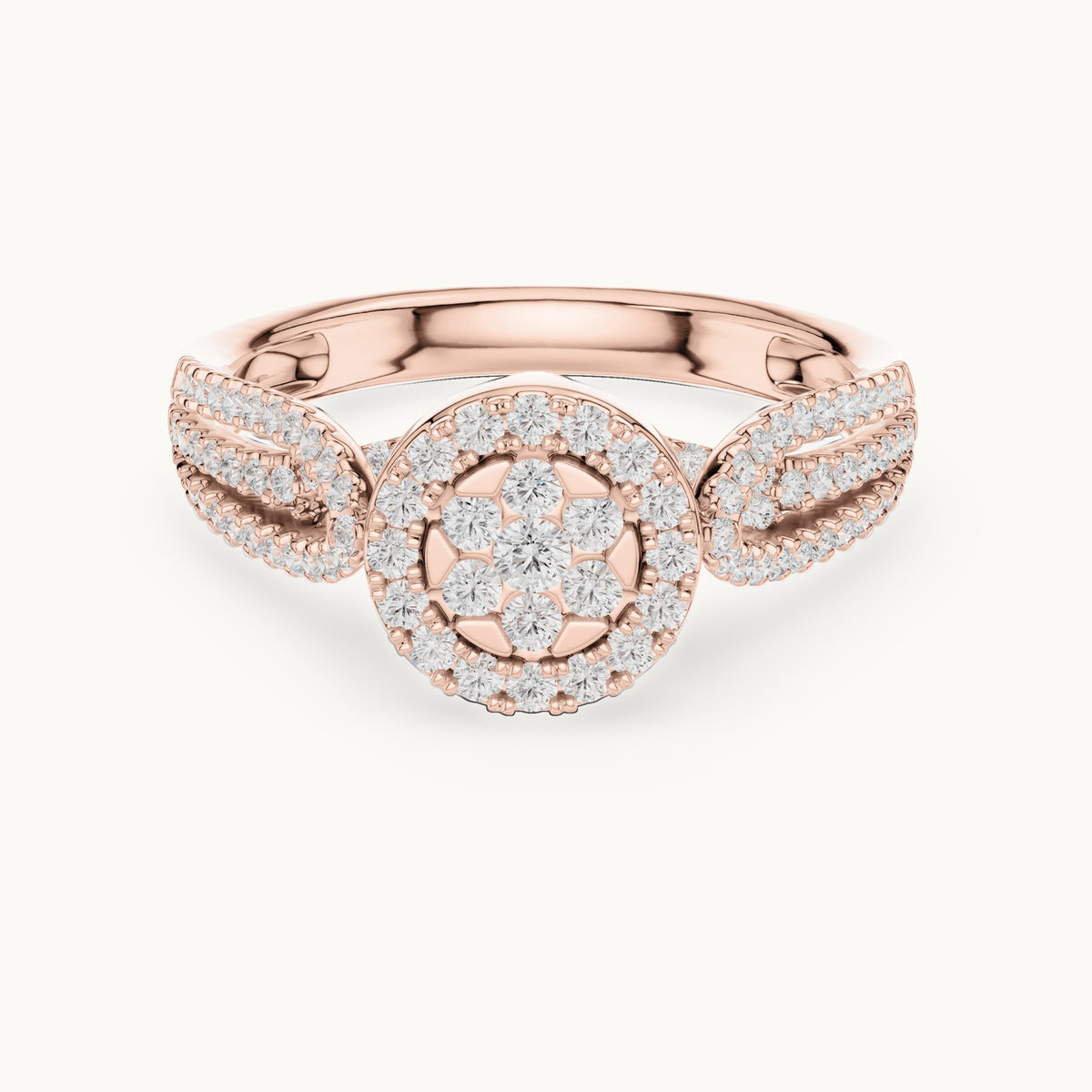 Round lab-grown diamond cluster halo split shank ring in rose gold, 0.597 CT TW, view 4