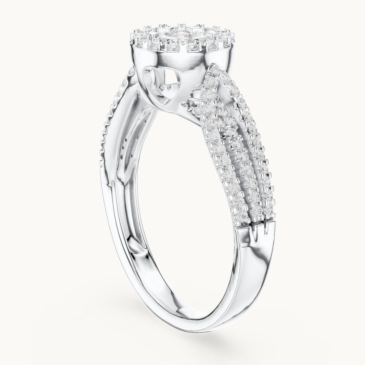 Round lab-grown diamond cluster halo split shank ring in white gold, 0.597 CT TW, view 1