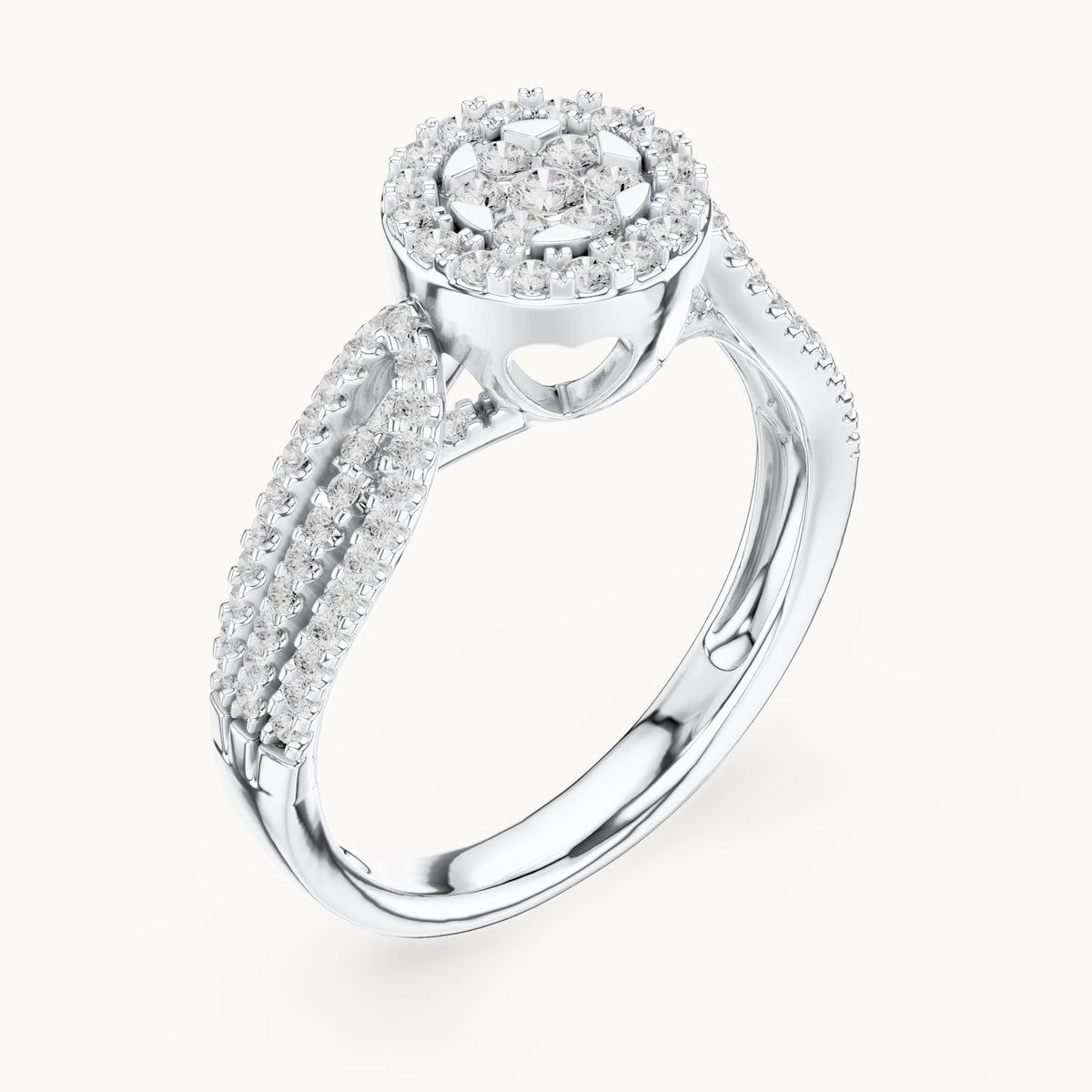 Round lab-grown diamond cluster halo split shank ring in white gold, 0.597 CT TW, view 2
