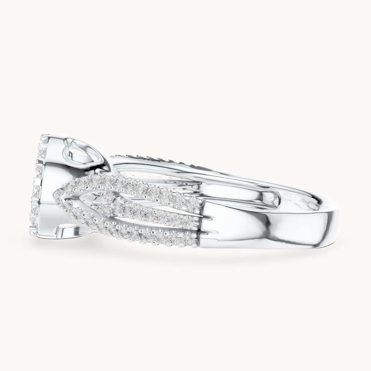Round lab-grown diamond cluster halo split shank ring in white gold, 0.597 CT TW, view 3