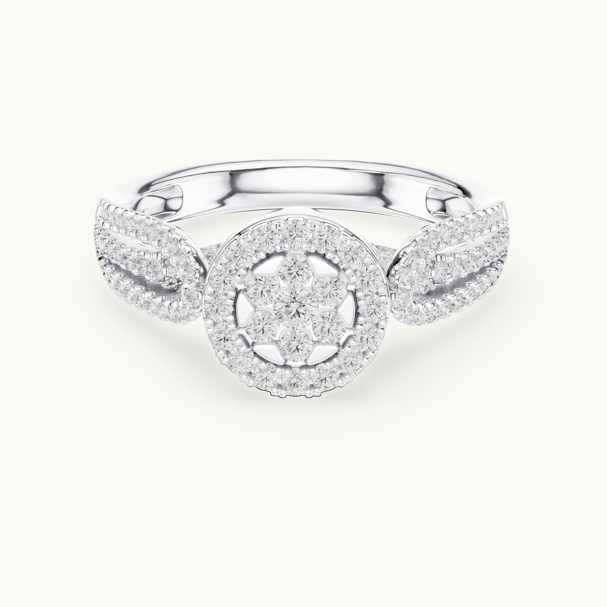 Round lab-grown diamond cluster halo split shank ring in white gold, 0.597 CT TW, view 4