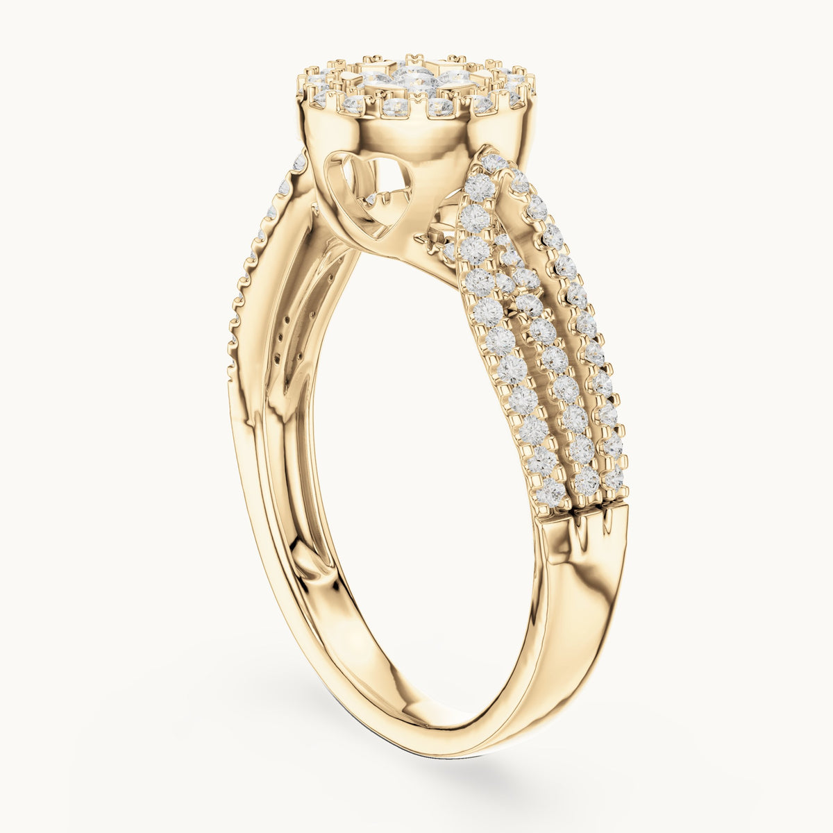 Round lab-grown diamond cluster halo split shank ring in yellow gold, 0.597 CT TW, view 1