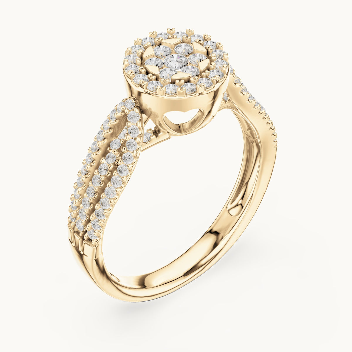 Round lab-grown diamond cluster halo split shank ring in yellow gold, 0.597 CT TW, view 2