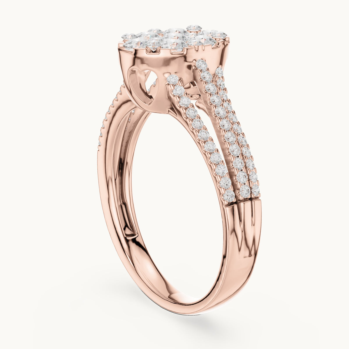 Round lab-grown diamond oval cluster split shank ring in rose gold, 0.94 CT TW, view 1
