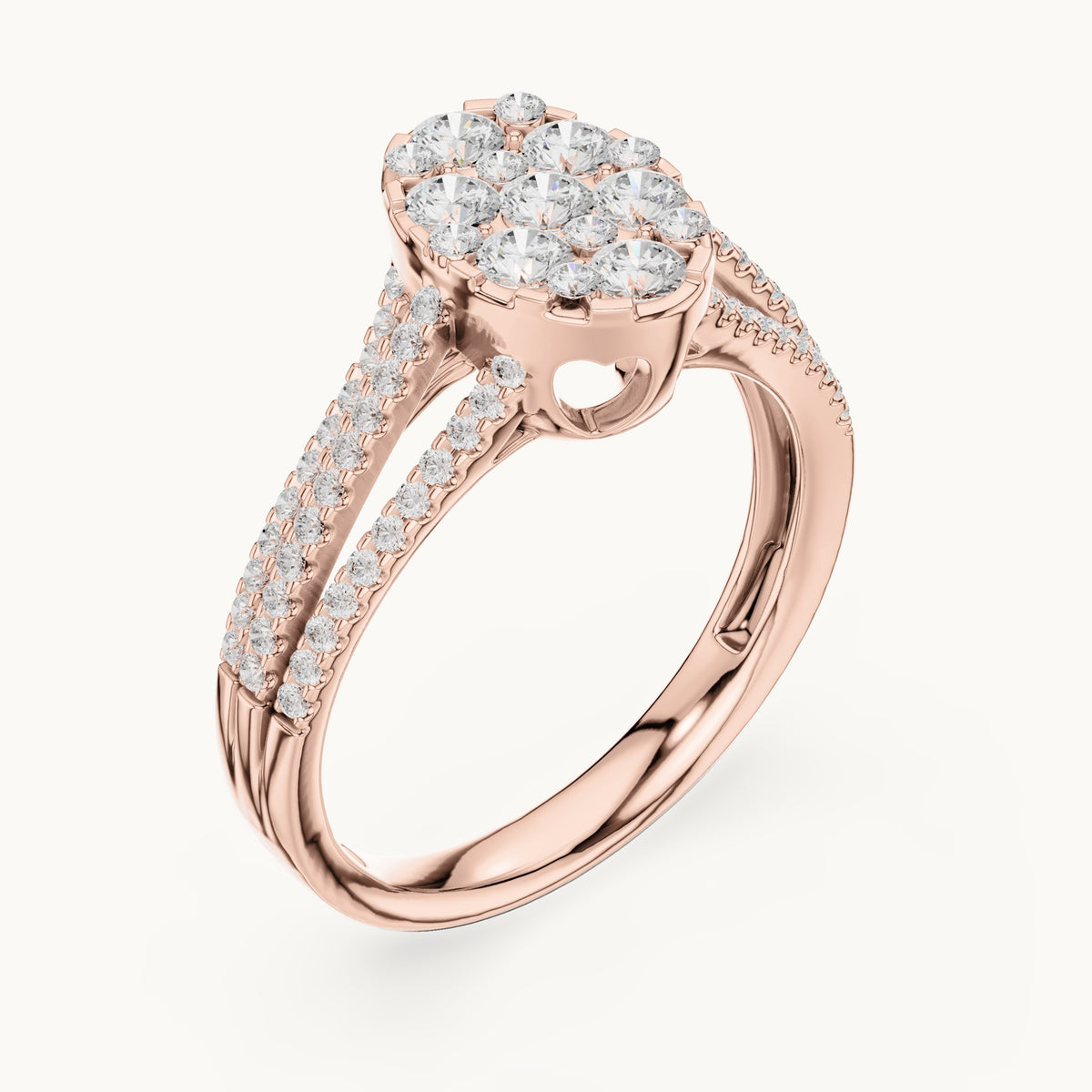 Round lab-grown diamond oval cluster split shank ring in rose gold, 0.94 CT TW, view 2