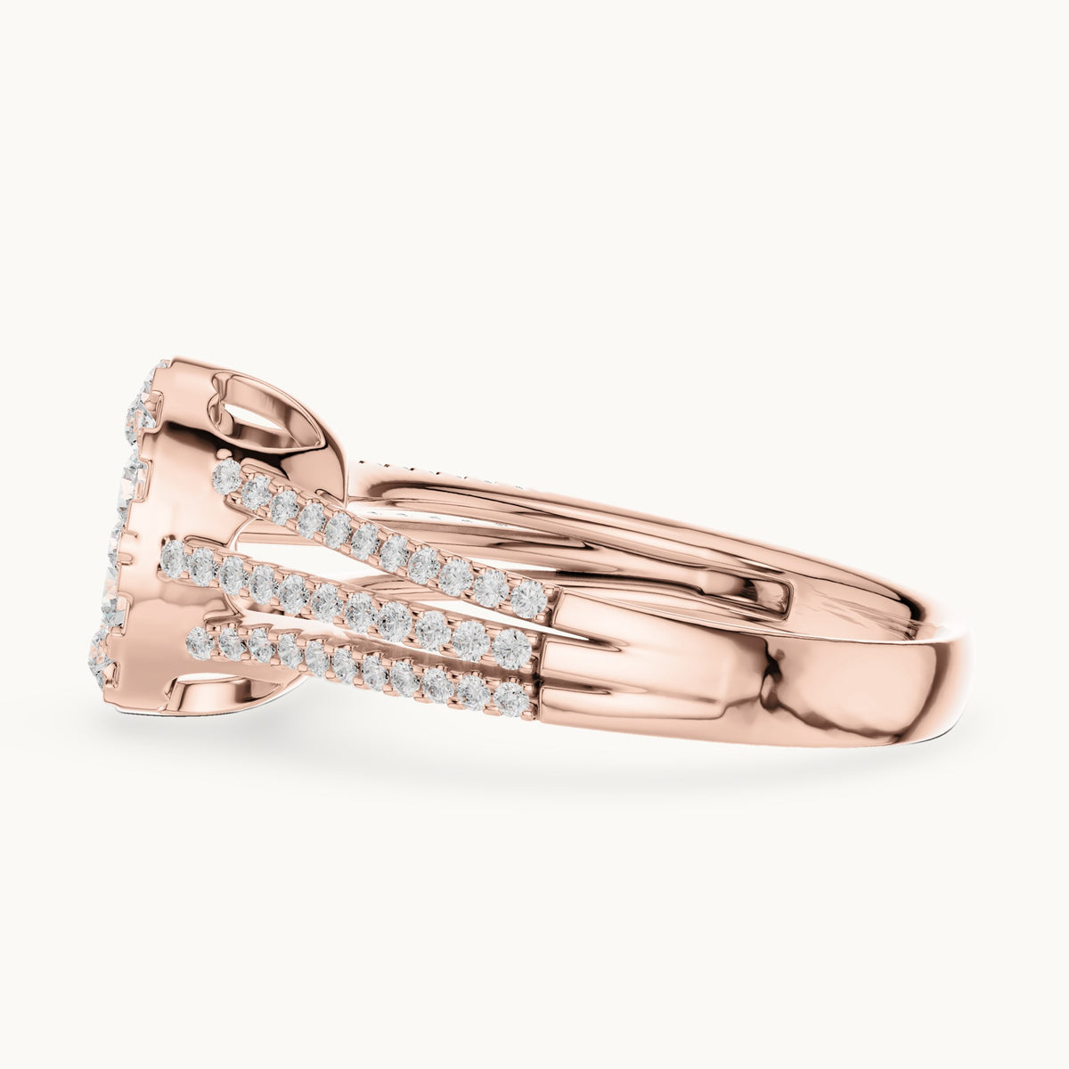 Round lab-grown diamond oval cluster split shank ring in rose gold, 0.94 CT TW, view 3