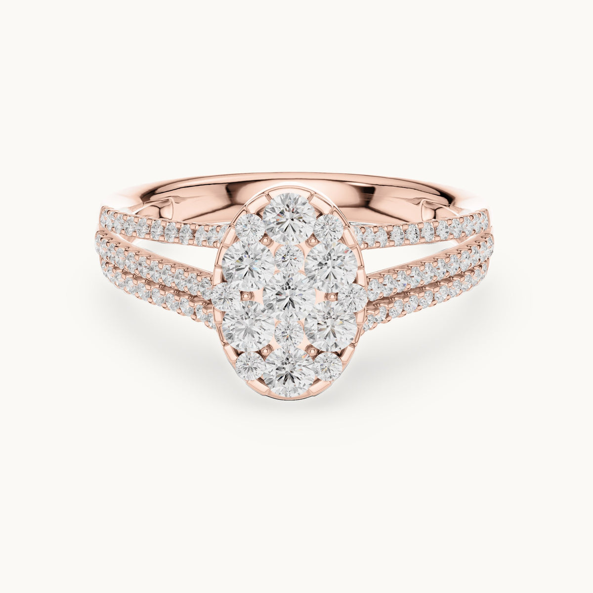 Round lab-grown diamond oval cluster split shank ring in rose gold, 0.94 CT TW, view 4