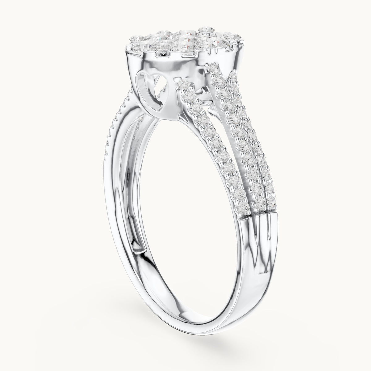 Round lab-grown diamond oval cluster split shank ring in white gold, 0.94 CT TW, view 1