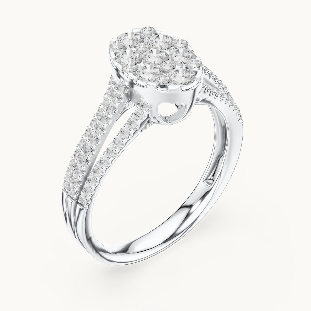 Round lab-grown diamond oval cluster split shank ring in white gold, 0.94 CT TW, view 2