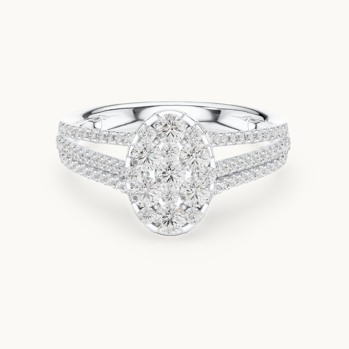 Round lab-grown diamond oval cluster split shank ring in white gold, 0.94 CT TW, view 4