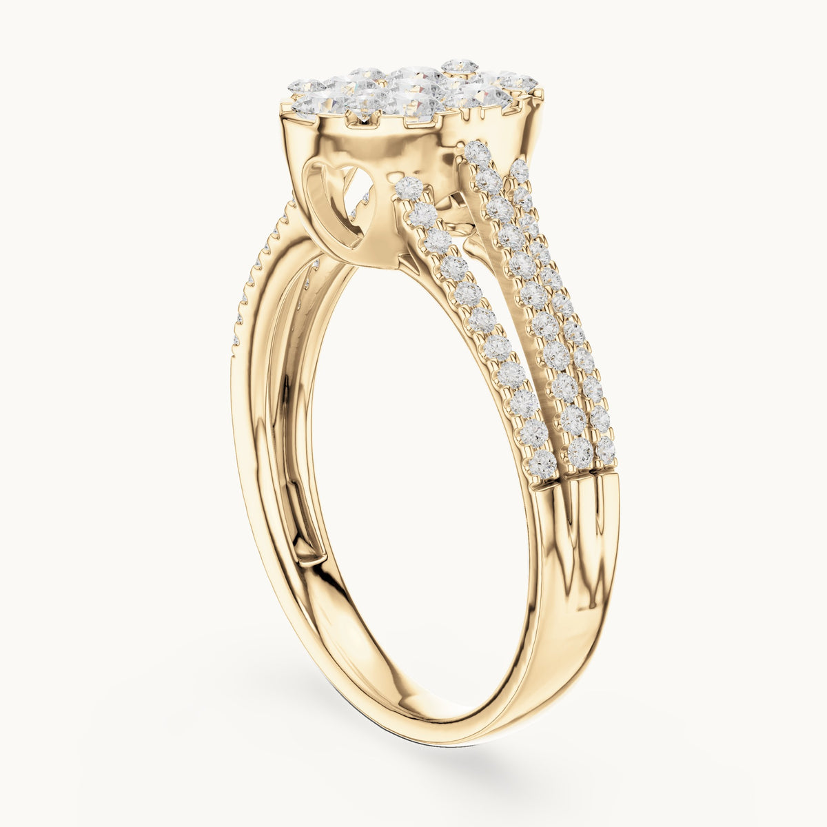Round lab-grown diamond oval cluster split shank ring in yellow gold, 0.94 CT TW, view 1