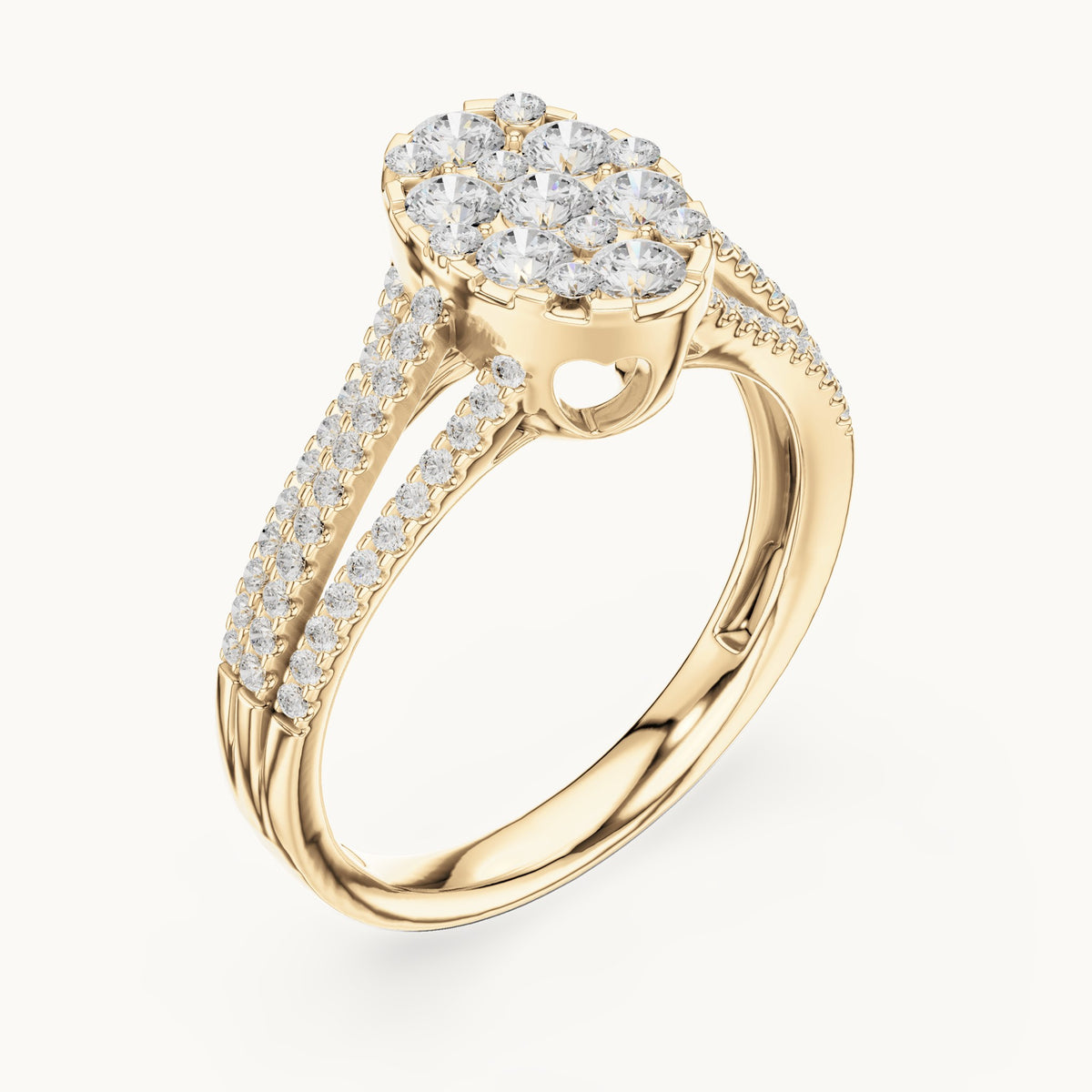 Round lab-grown diamond oval cluster split shank ring in yellow gold, 0.94 CT TW, view 2