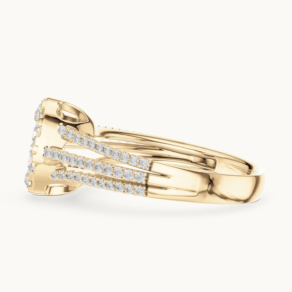Round lab-grown diamond oval cluster split shank ring in yellow gold, 0.94 CT TW, view 3