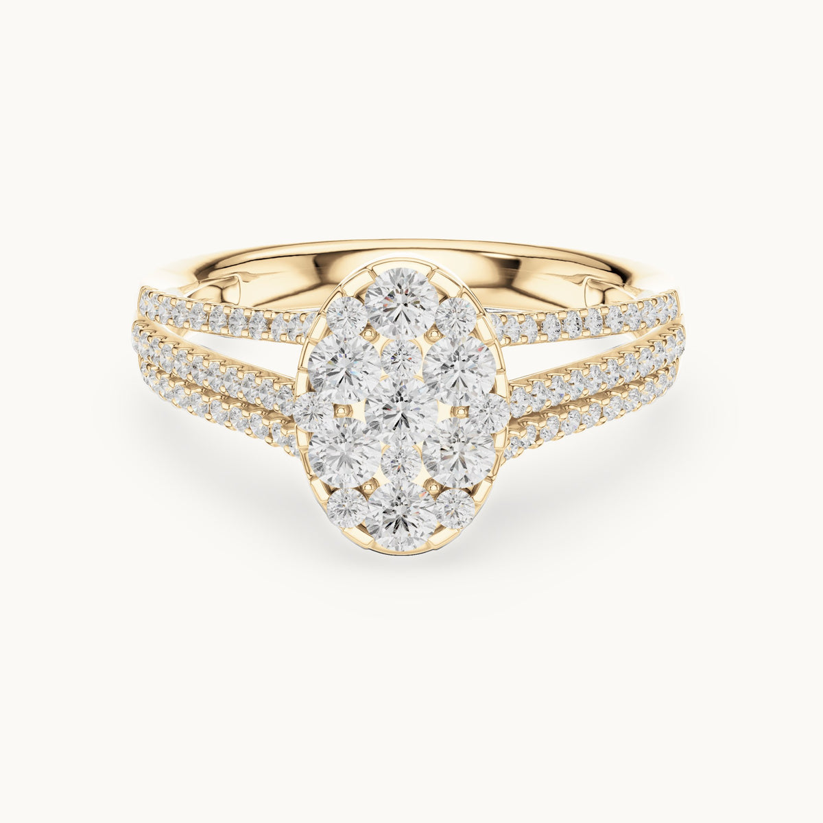 Round lab-grown diamond oval cluster split shank ring in yellow gold, 0.94 CT TW, view 4