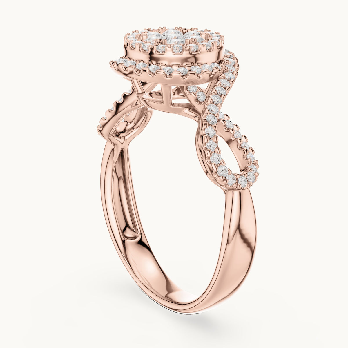 Round lab-grown diamond cluster double halo ring in rose gold, 0.656 CT TW, view 1