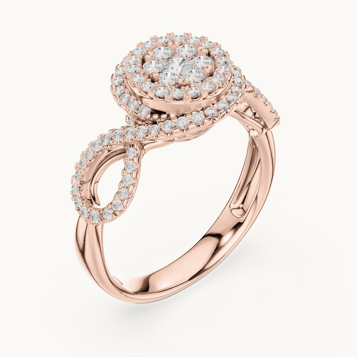 Round lab-grown diamond cluster double halo ring in rose gold, 0.656 CT TW, view 2