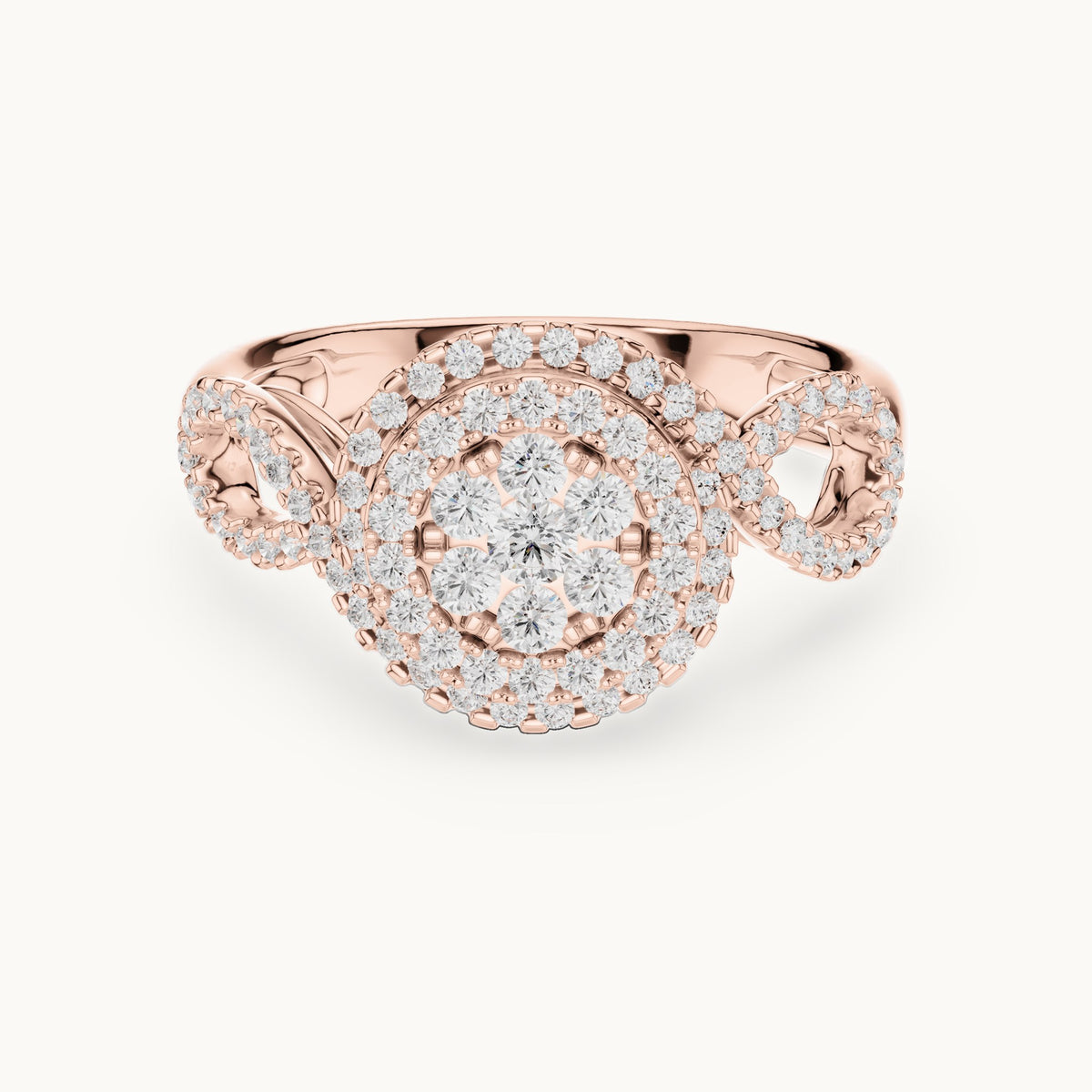 Round lab-grown diamond cluster double halo ring in rose gold, 0.656 CT TW, view 4