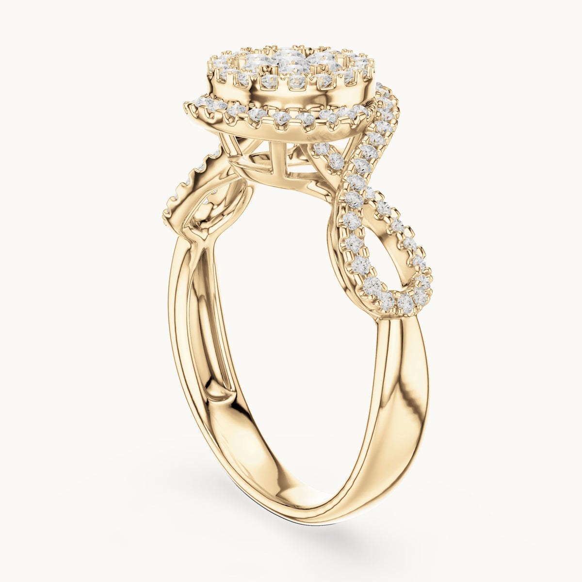Round lab-grown diamond cluster double halo ring in yellow gold, 0.656 CT TW, view 1