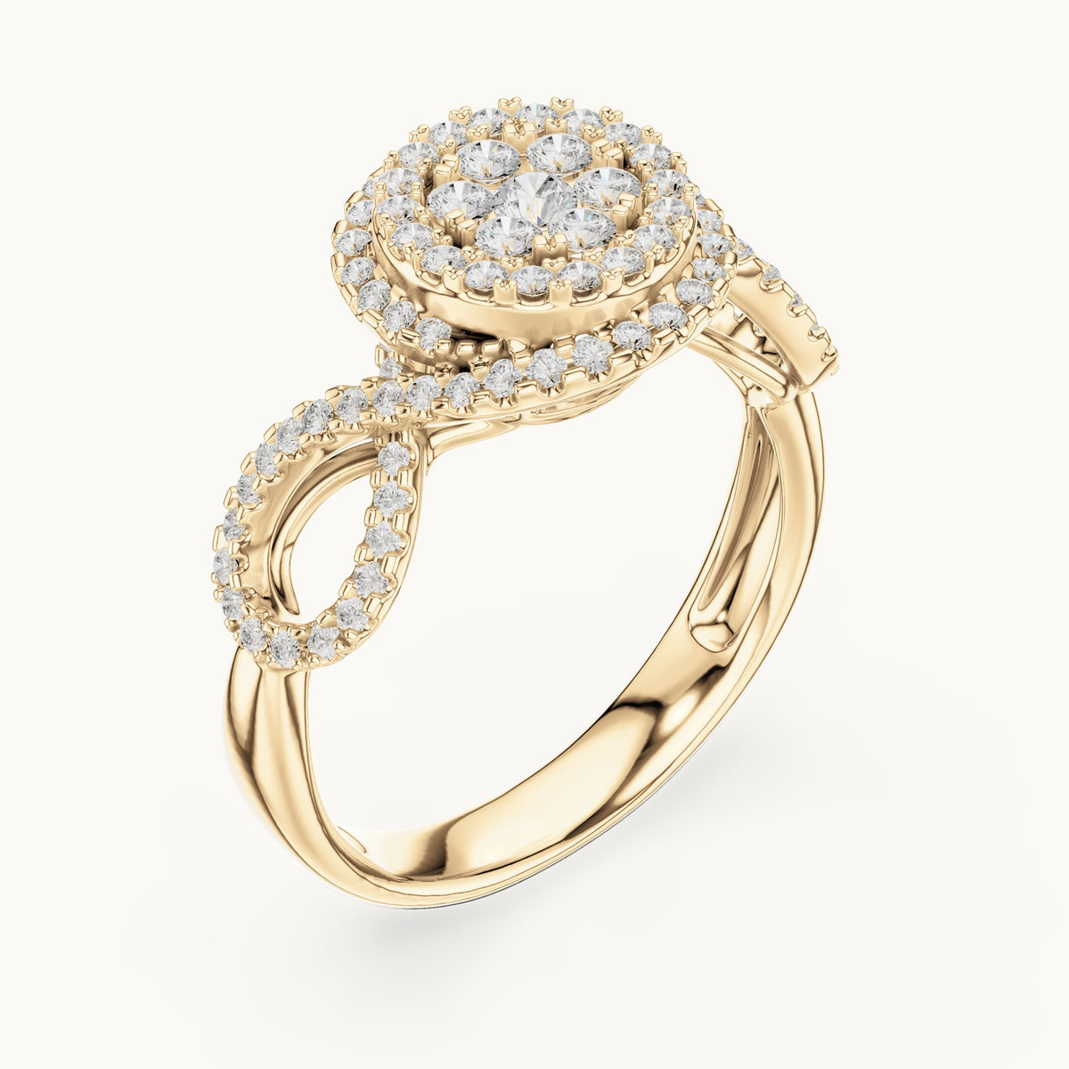 Round lab-grown diamond cluster double halo ring in yellow gold, 0.656 CT TW, view 2