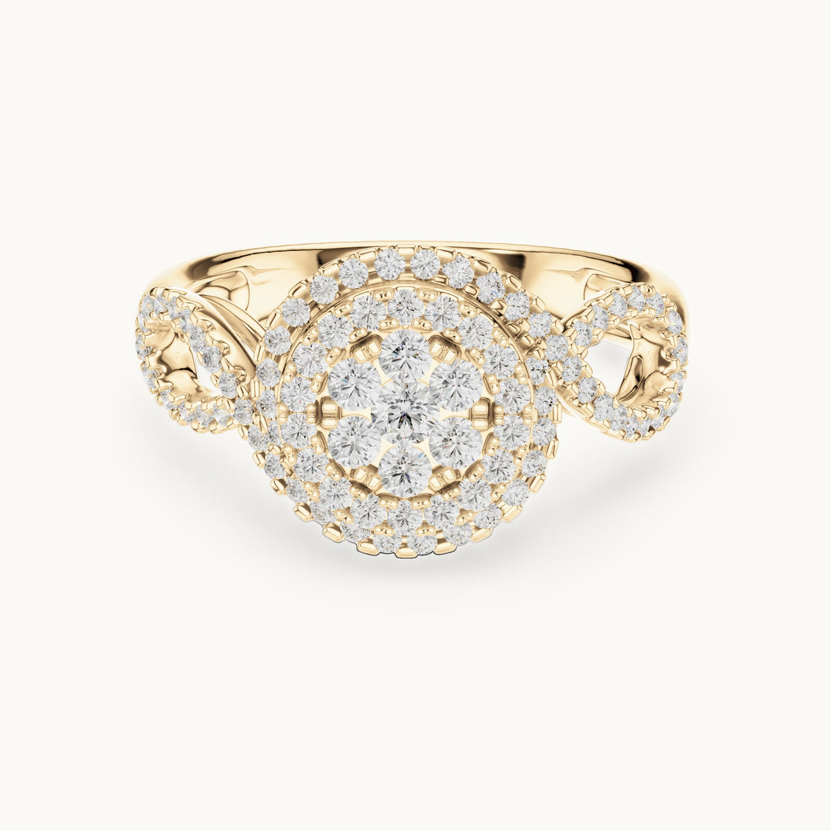 Round lab-grown diamond cluster double halo ring in yellow gold, 0.656 CT TW, view 4