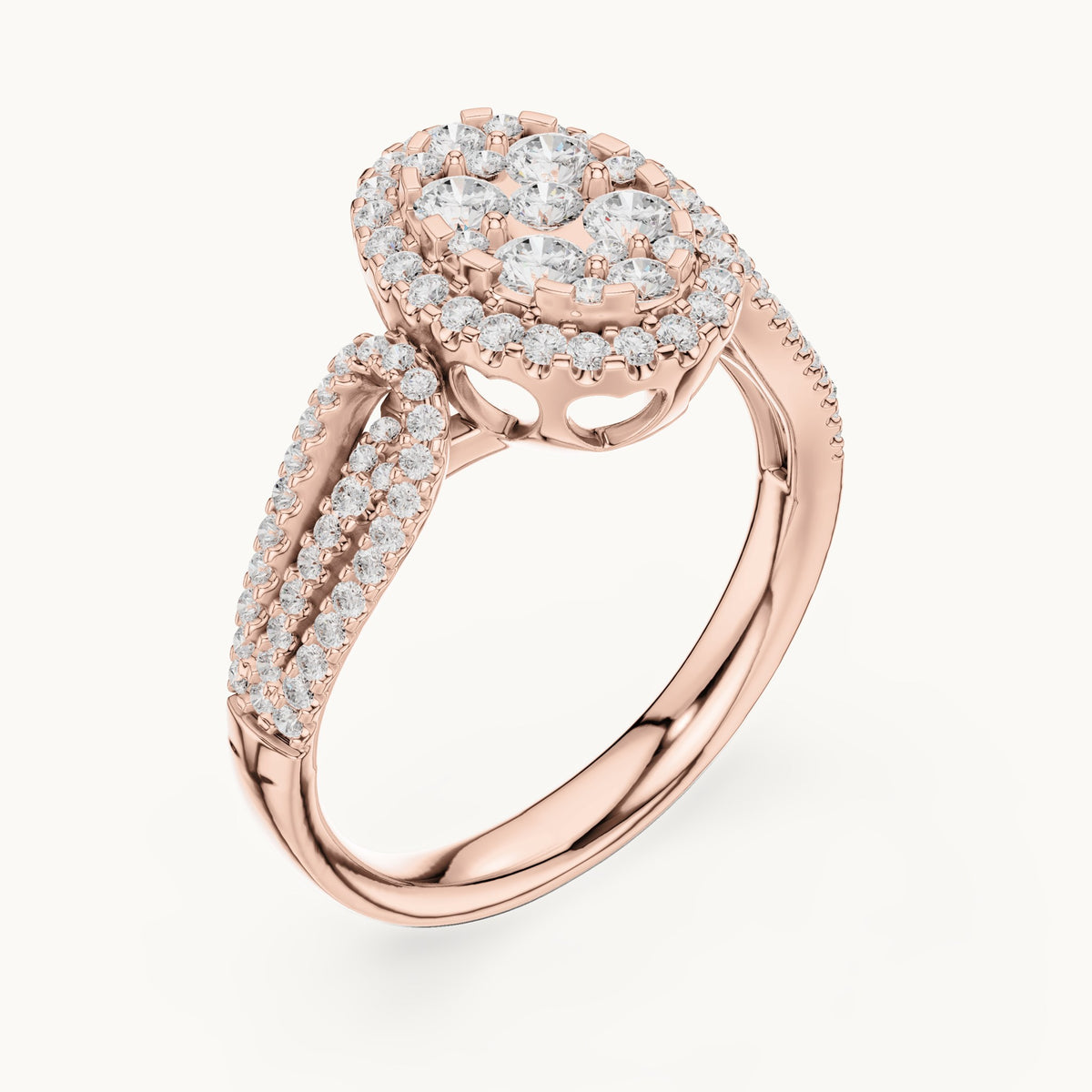 Round lab-grown diamond oval cluster halo ring in rose gold, 0.823 CT TW, view 2
