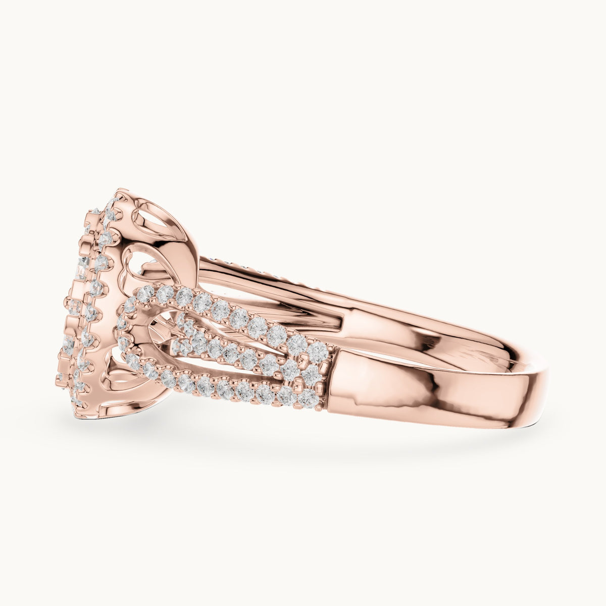Round lab-grown diamond oval cluster halo ring in rose gold, 0.823 CT TW, view 3