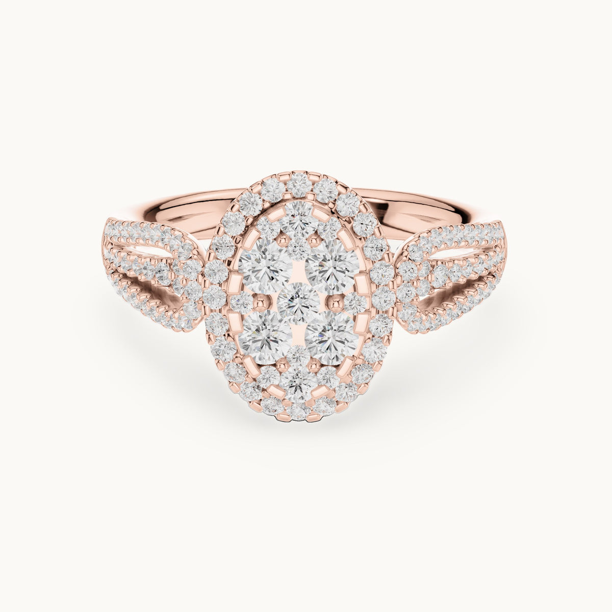 Round lab-grown diamond oval cluster halo ring in rose gold, 0.823 CT TW, view 4