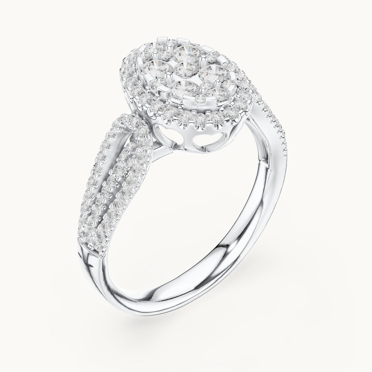 Round lab-grown diamond oval cluster halo ring in white gold, 0.823 CT TW, view 2