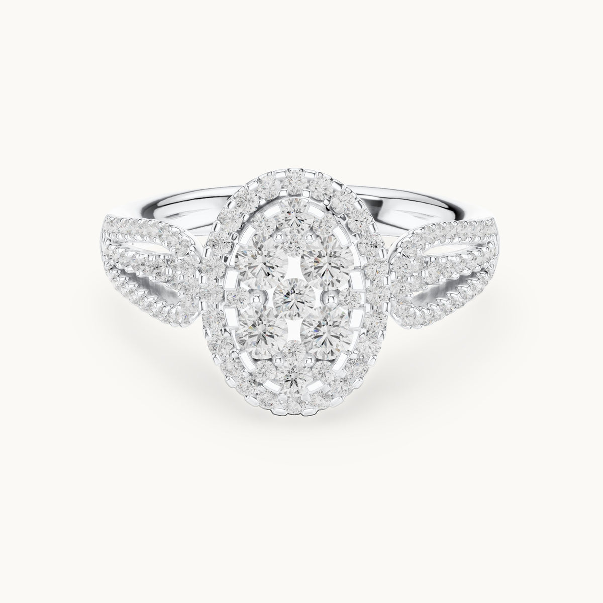 Round lab-grown diamond oval cluster halo ring in white gold, 0.823 CT TW, view 4
