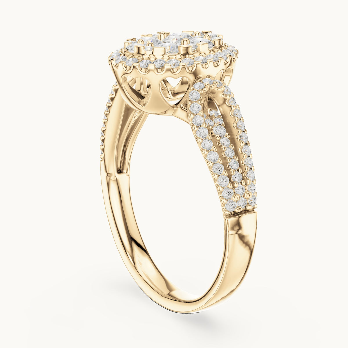 Round lab-grown diamond oval cluster halo ring in yellow gold, 0.823 CT TW, view 1