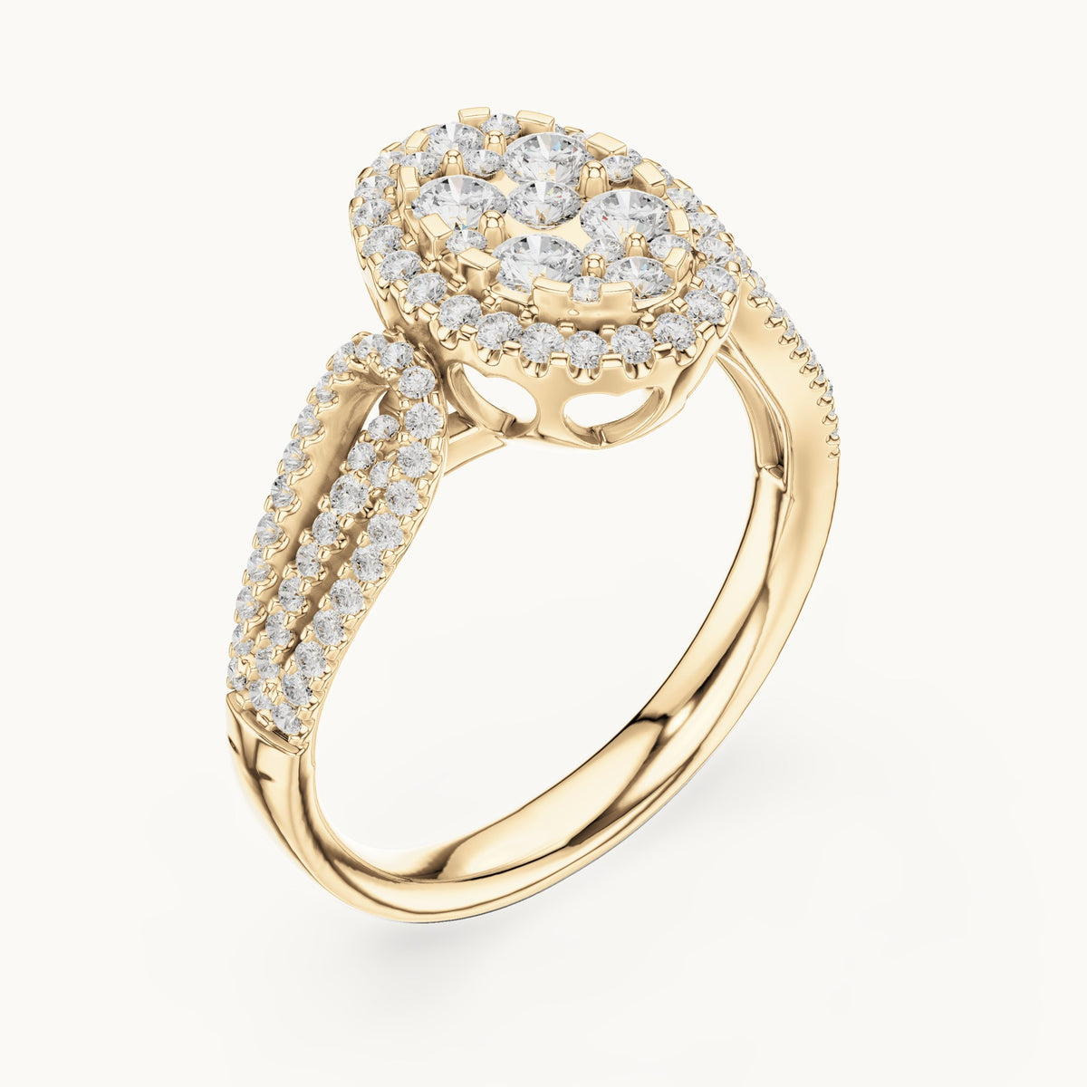 Round lab-grown diamond oval cluster halo ring in yellow gold, 0.823 CT TW, view 2