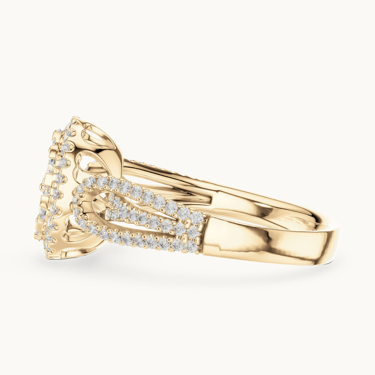 Round lab-grown diamond oval cluster halo ring in yellow gold, 0.823 CT TW, view 3