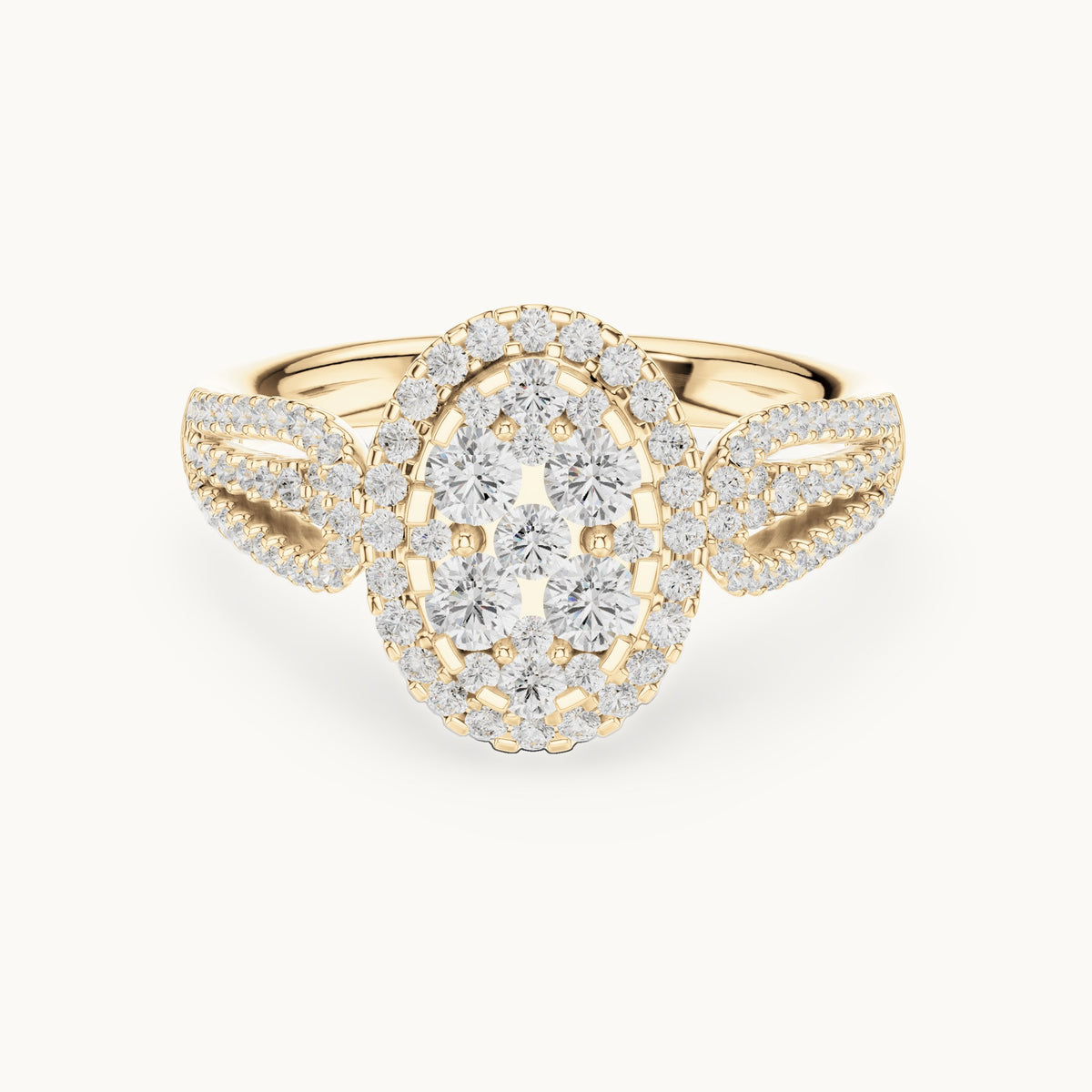 Round lab-grown diamond oval cluster halo ring in yellow gold, 0.823 CT TW, view 4