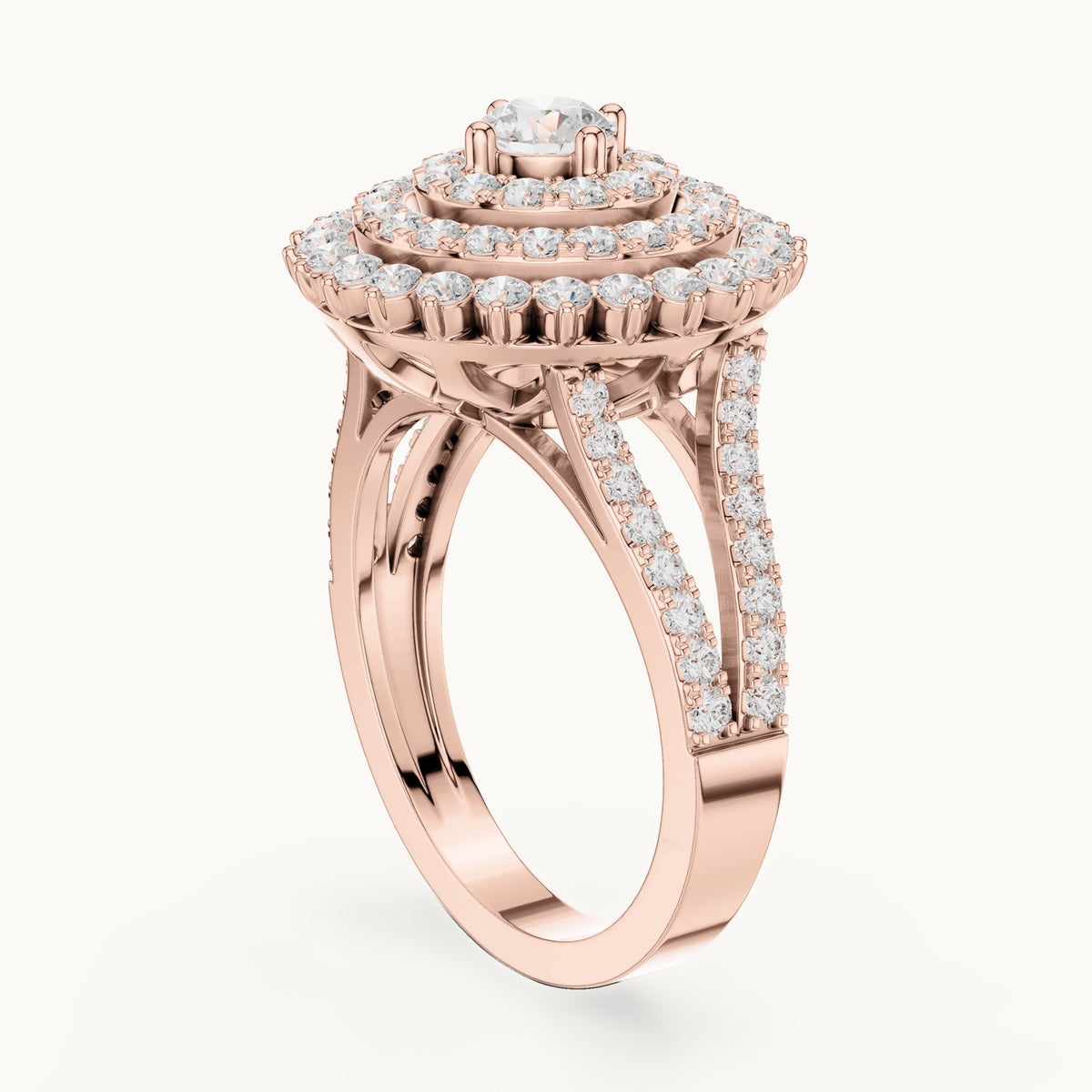 Round lab-grown diamond tiered halo cocktail ring in rose gold, 1.44 CT TW, view 1