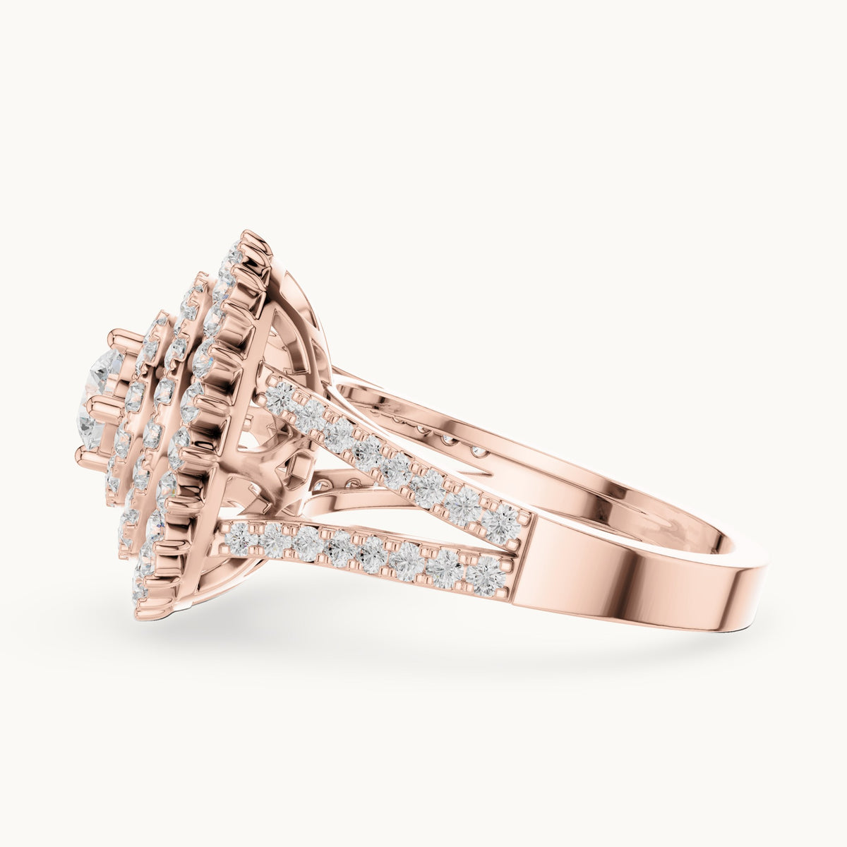 Round lab-grown diamond tiered halo cocktail ring in rose gold, 1.44 CT TW, view 3
