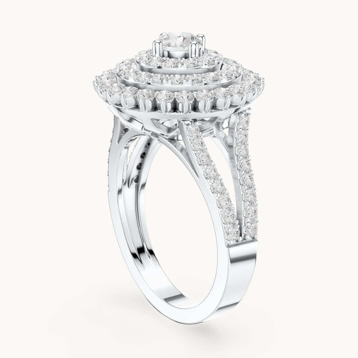 Round lab-grown diamond tiered halo cocktail ring in white gold, 1.44 CT TW, view 1