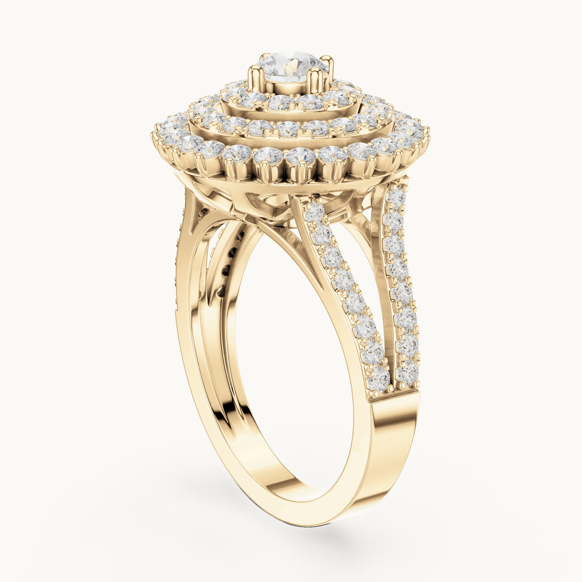 Round lab-grown diamond tiered halo cocktail ring in yellow gold, 1.44 CT TW, view 1