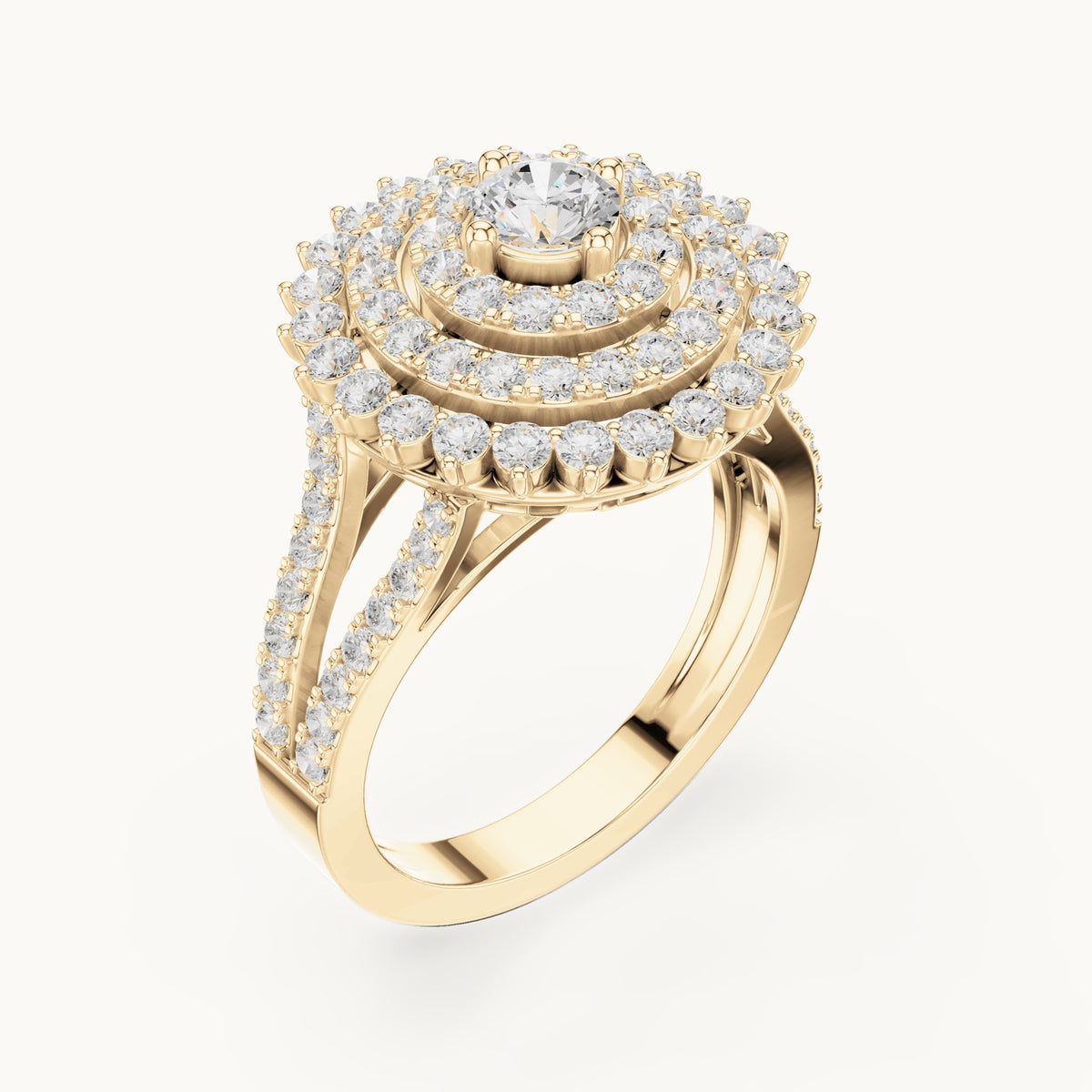 Round lab-grown diamond tiered halo cocktail ring in yellow gold, 1.44 CT TW, view 2