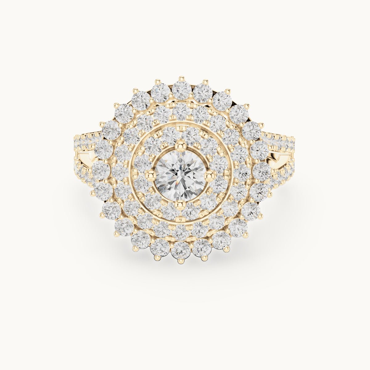 Round lab-grown diamond tiered halo cocktail ring in yellow gold, 1.44 CT TW, view 4