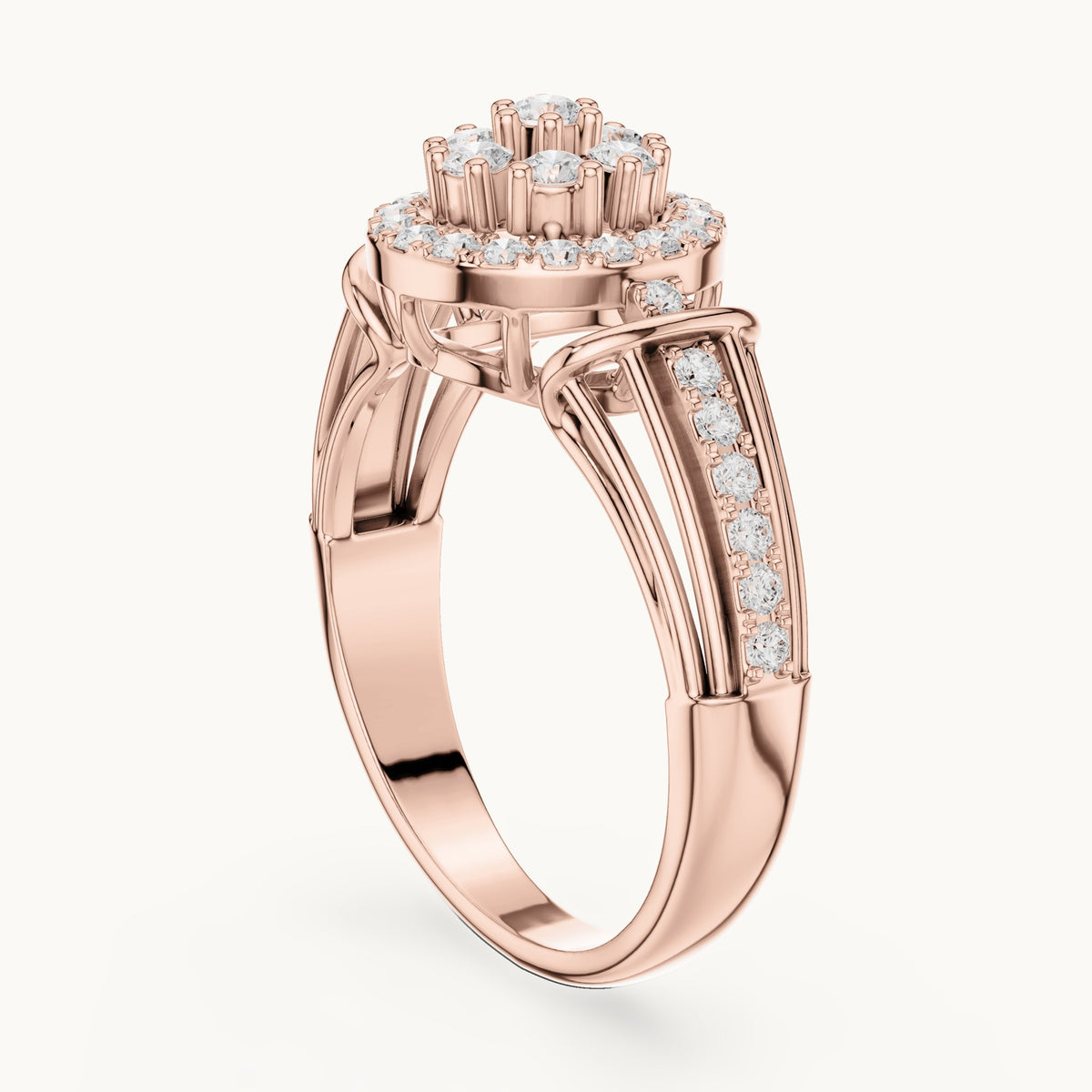 Round lab-grown diamond cluster halo ring in rose gold, 0.497 CT TW, view 1