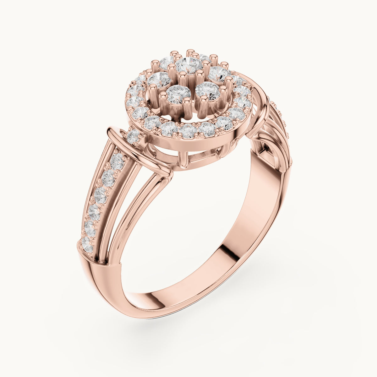 Round lab-grown diamond cluster halo ring in rose gold, 0.497 CT TW, view 2