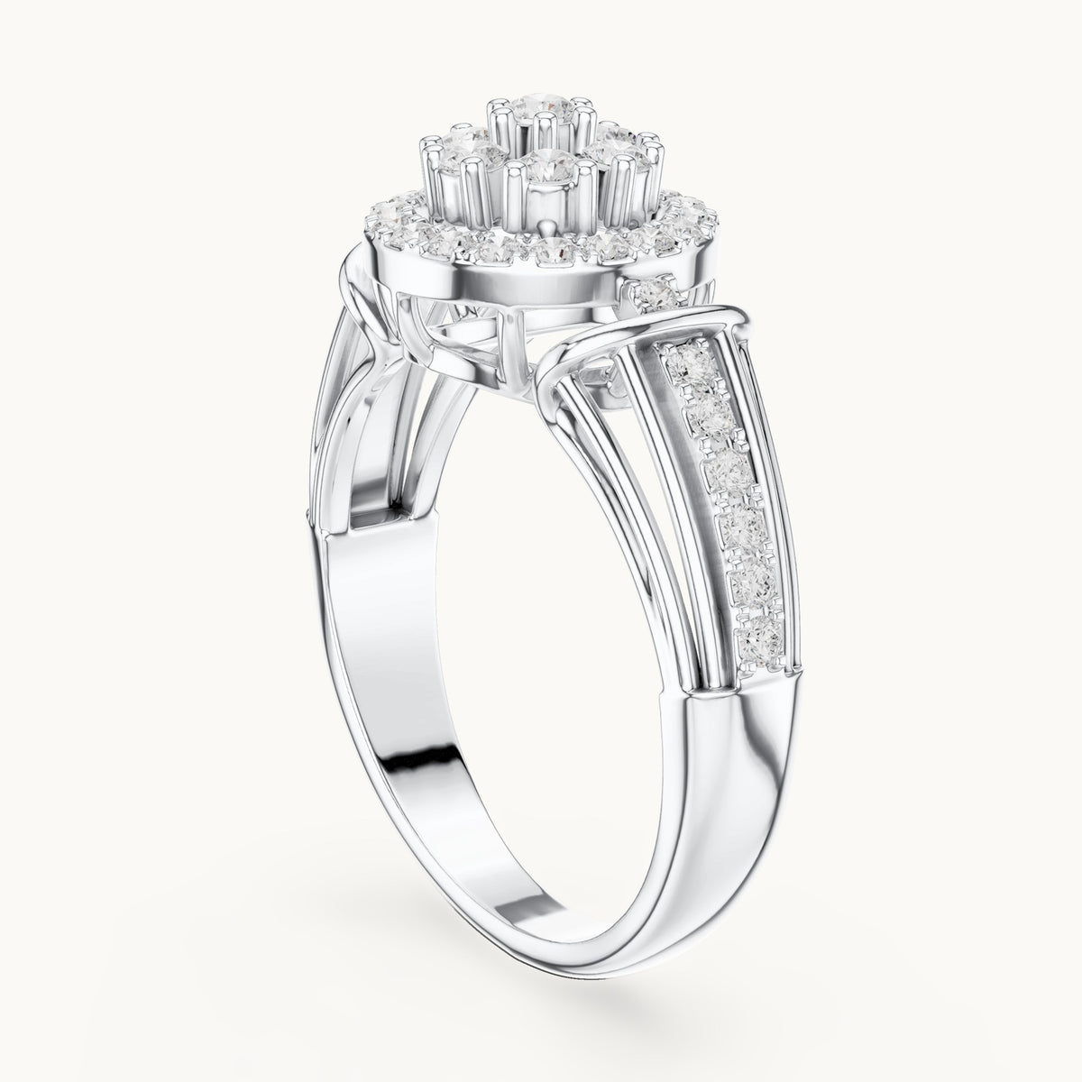Round lab-grown diamond cluster halo ring in white gold, 0.497 CT TW, view 1