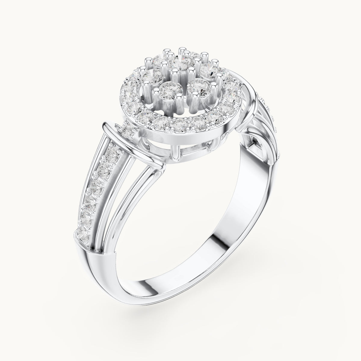 Round lab-grown diamond cluster halo ring in white gold, 0.497 CT TW, view 2