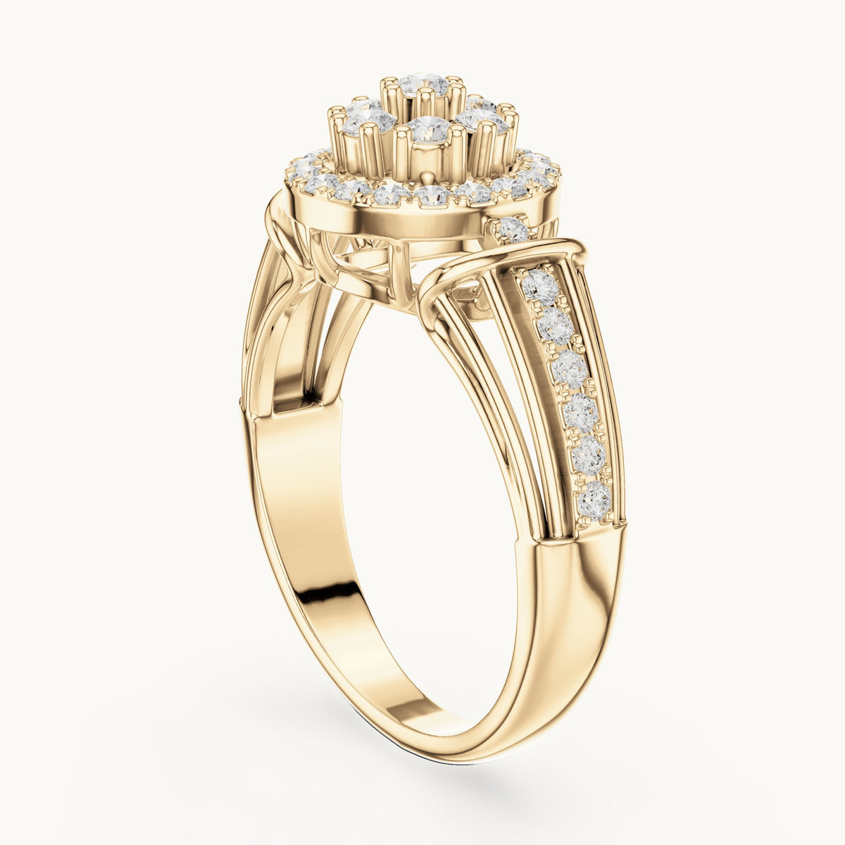 Round lab-grown diamond cluster halo ring in yellow gold, 0.497 CT TW, view 1