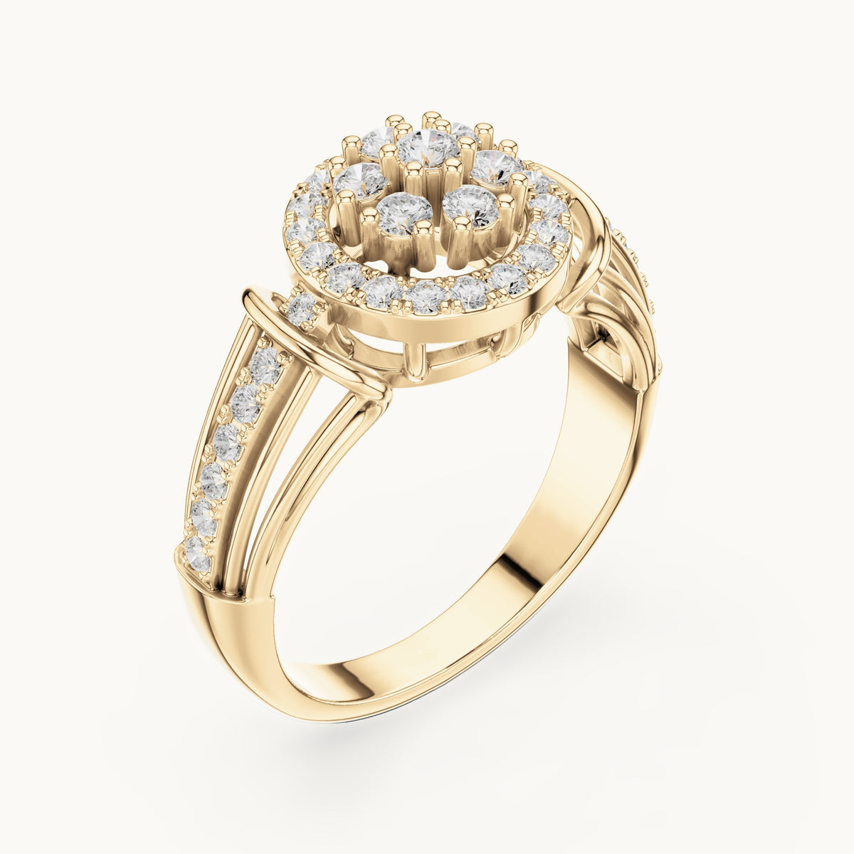 Round lab-grown diamond cluster halo ring in yellow gold, 0.497 CT TW, view 2