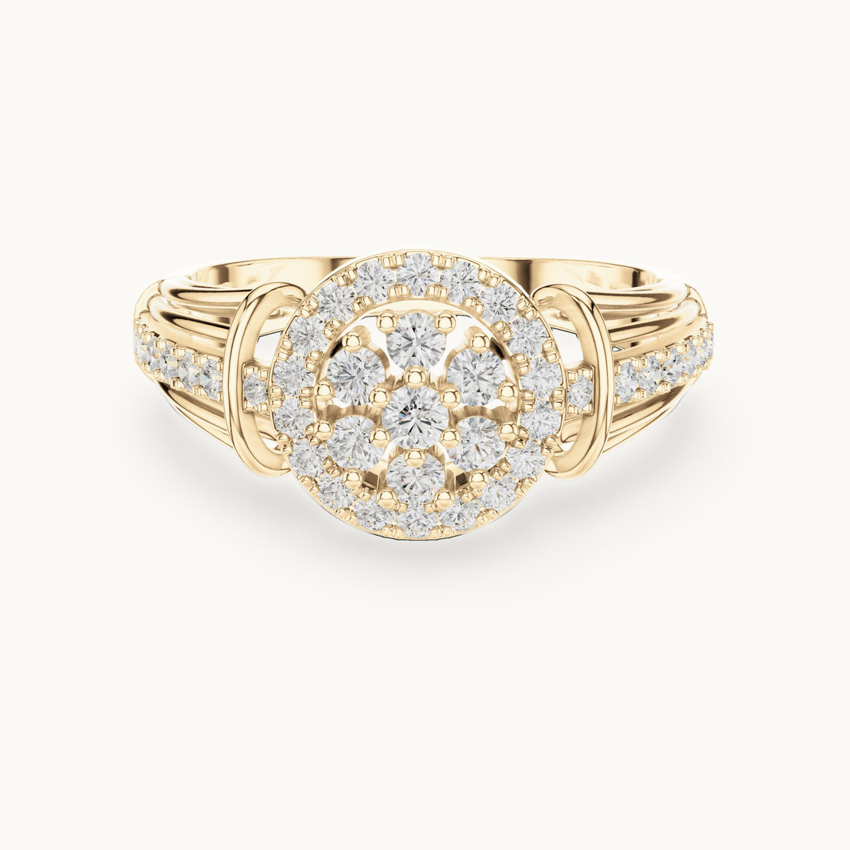 Round lab-grown diamond cluster halo ring in yellow gold, 0.497 CT TW, view 4