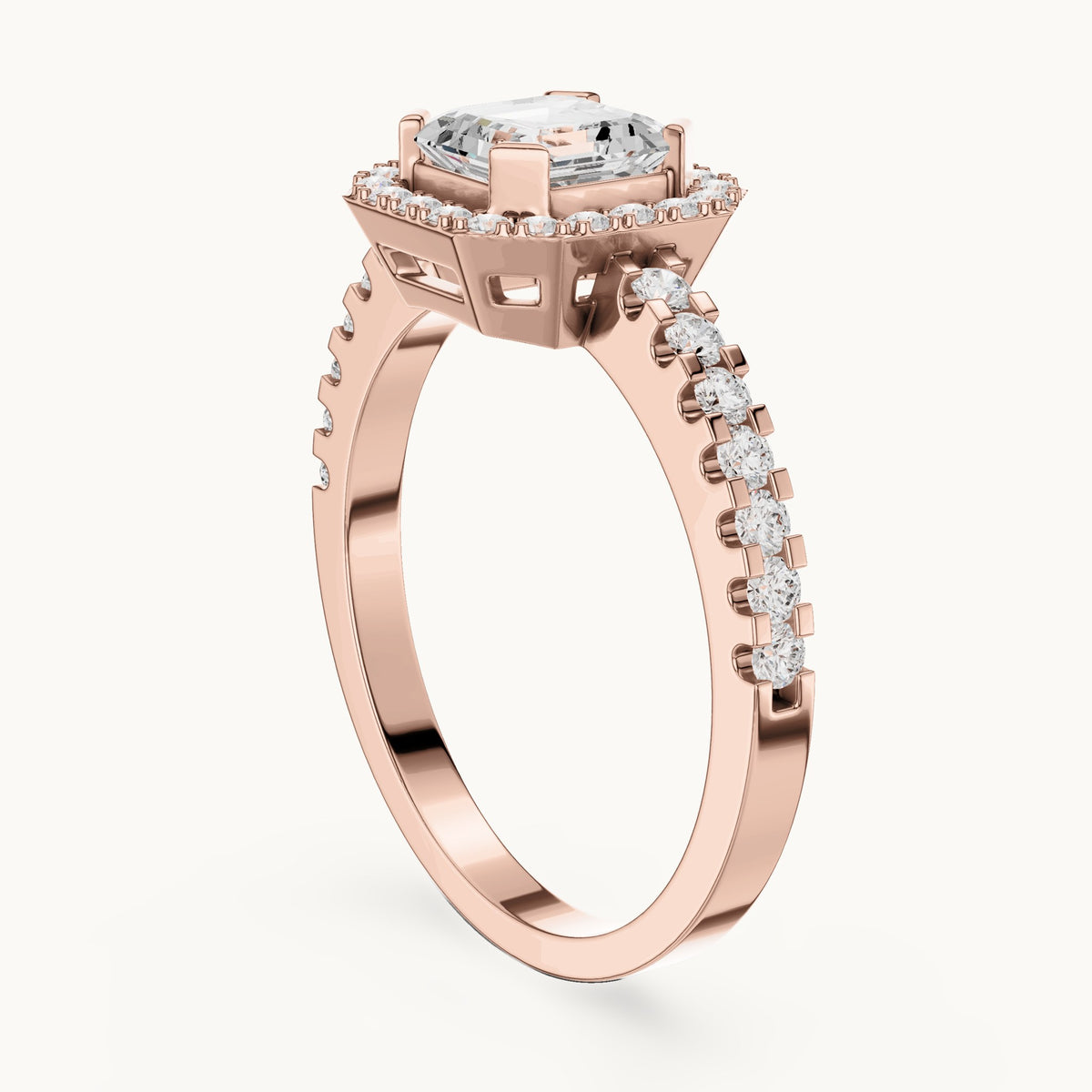 Square emerald-cut and round lab-grown diamond halo pavé engagement ring in rose gold, 1.144 CT TW, view 1