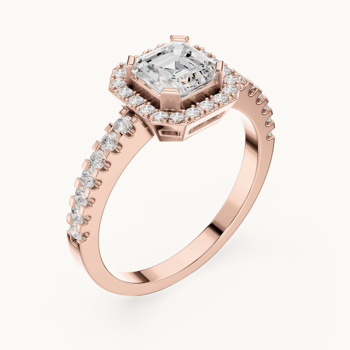 Square emerald-cut and round lab-grown diamond halo pavé engagement ring in rose gold, 1.144 CT TW, view 2